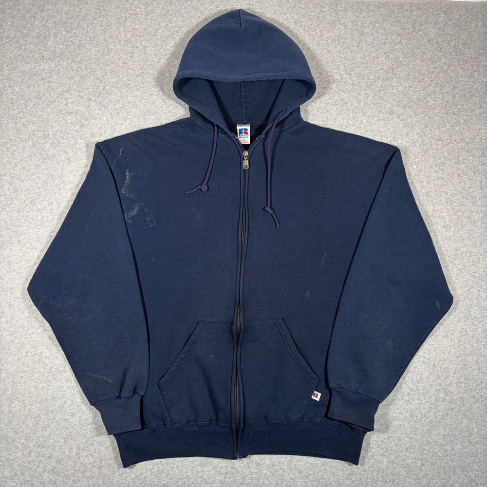 VTG Russell Zip Up Hoodie Mens XL Navy Blue Blank Hooded Sweatshirt